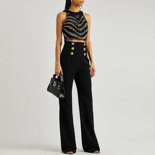 cassie – cropped top mit perlenverzierung & high - waist hose im marine - stil - Cecile LavelleSchwarz