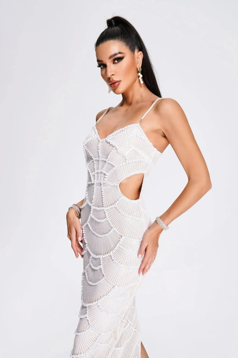 Celina – Pearl-Embellished Cut-Out Midi Dress in White