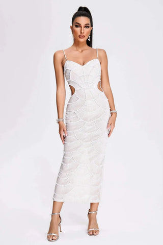Celina – Perlenbesetztes Cut - Out - Midikleid in Weiß - Cecile LavelleWeiß