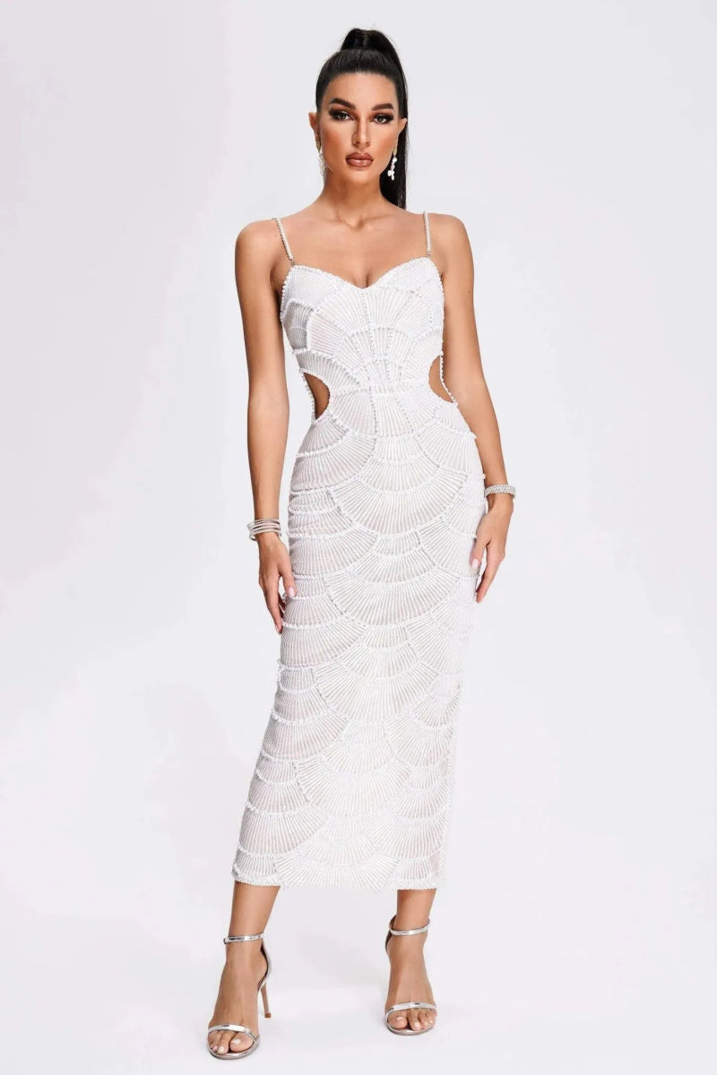 Celina – Pearl-Embellished Cut-Out Midi Dress in White