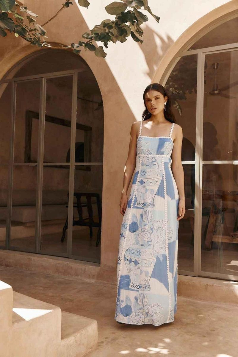 Chiara – Boho maxi dress with Mediterranean pattern and back bow