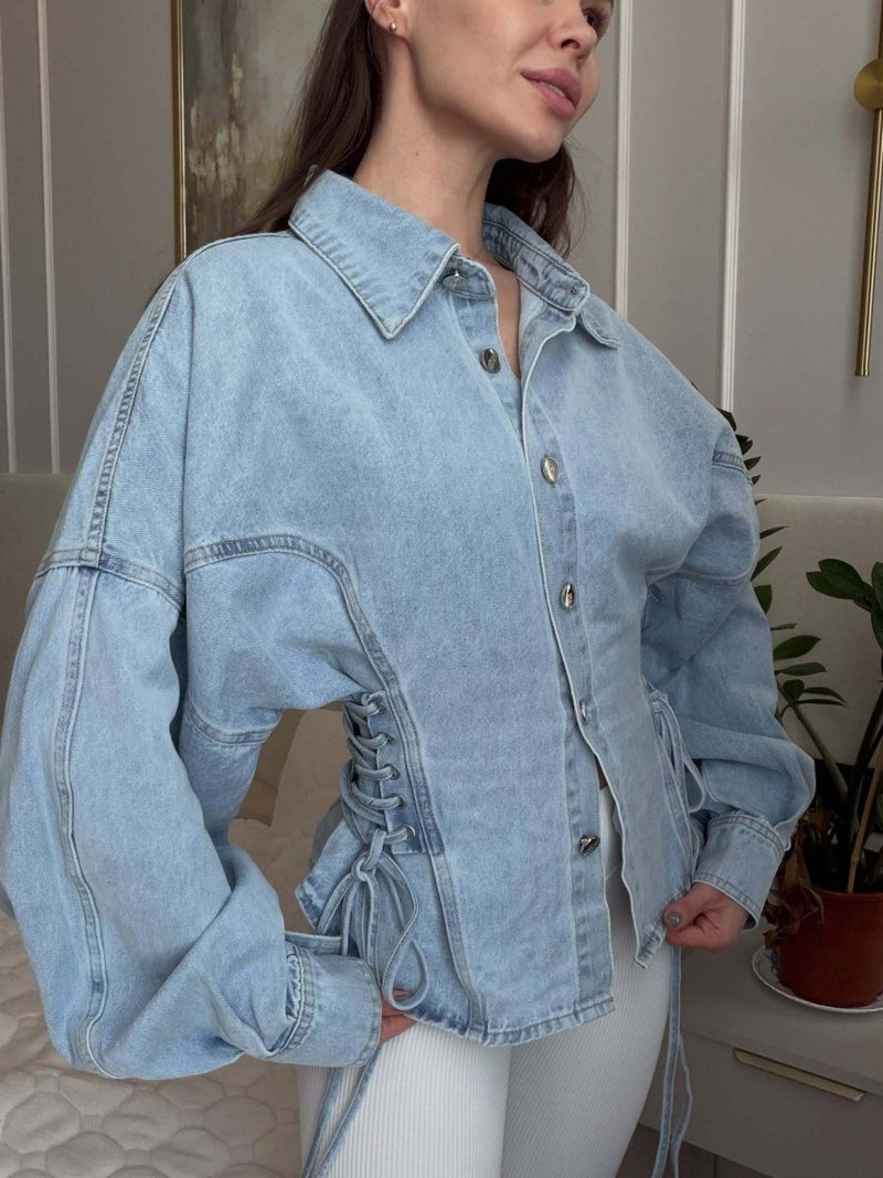 Women's Denim Blouse Fitted with Lacing