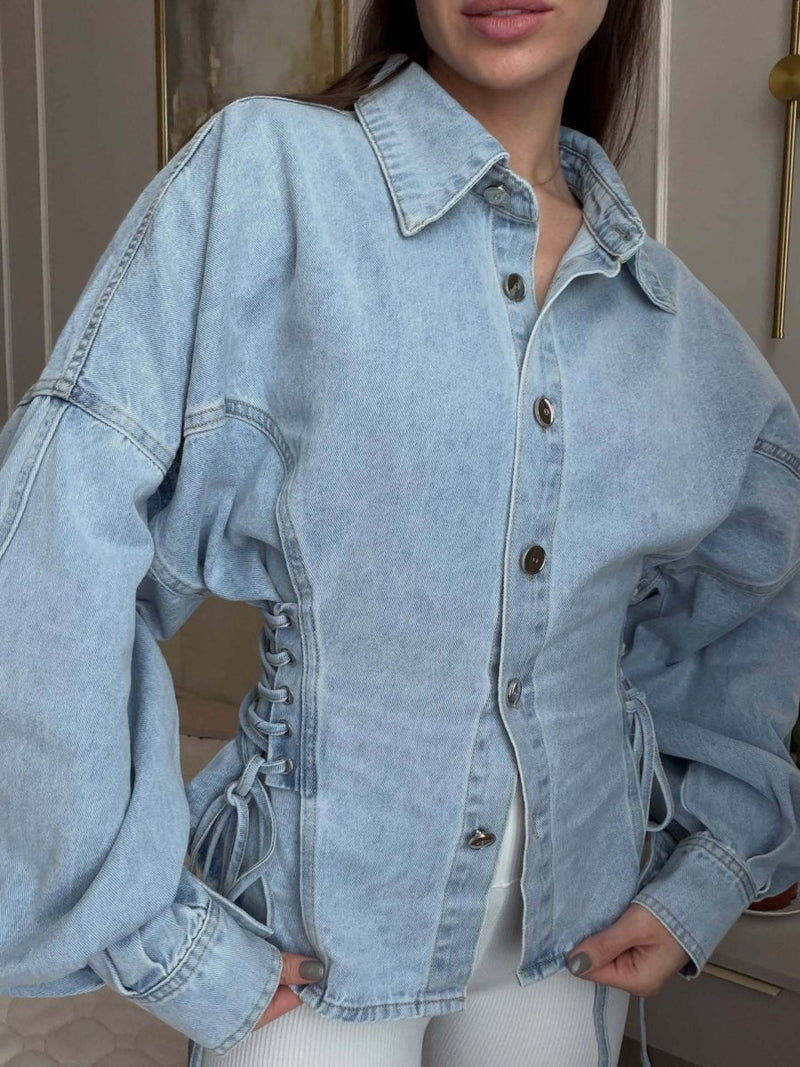 Women's Denim Blouse Fitted with Lacing