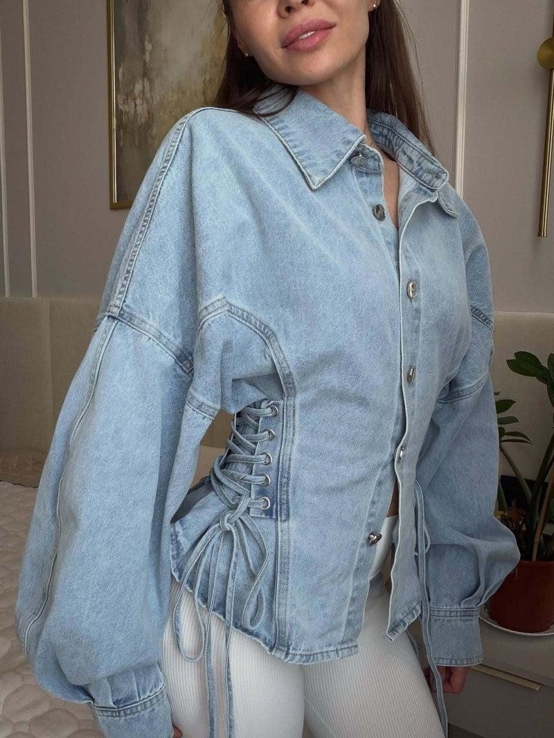 Women's Denim Blouse Fitted with Lacing