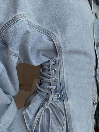 Damen Denim Bluse Tailliert mit Schnürung - Cecile LavelleBlau
