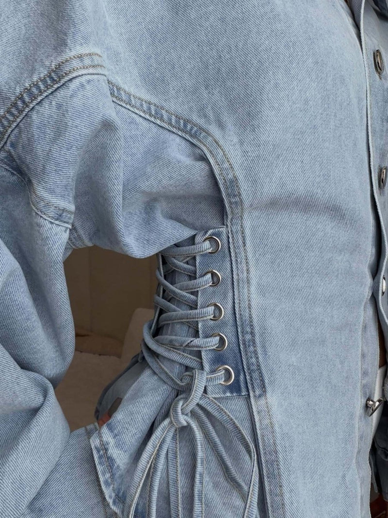 Women's Denim Blouse Fitted with Lacing