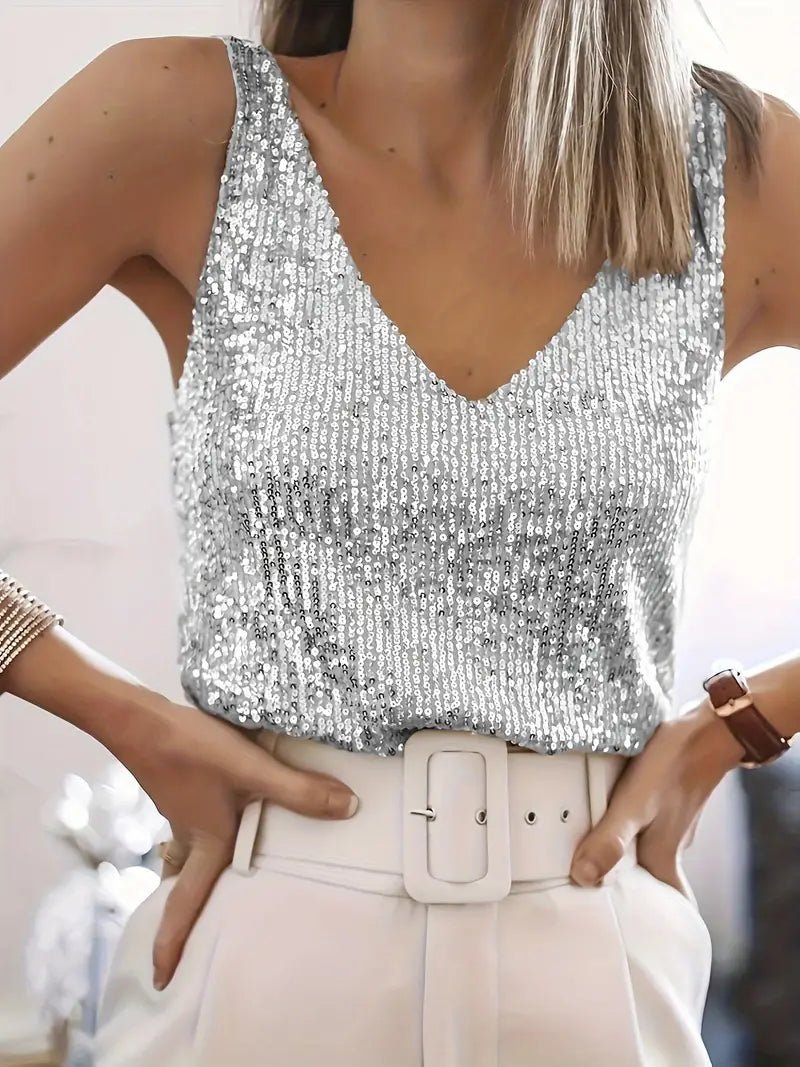 Damen Pailletten Top ärmellos mit V-Ausschnitt