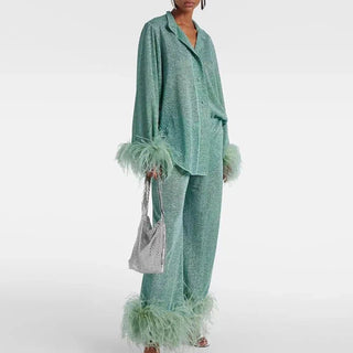 Damen Zweiteiler mit Hose und Federdetails - Cecile LavelleHellgrün