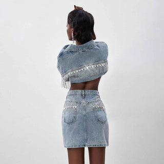 daria – denim - set aus cropped - jacke und minirock mit strassfransen - Cecile LavelleDenim