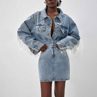 daria – denim - set aus cropped - jacke und minirock mit strassfransen - Cecile LavelleDenim