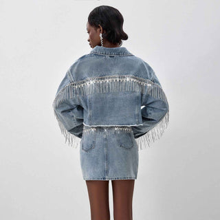 daria – denim - set aus cropped - jacke und minirock mit strassfransen - Cecile LavelleDenim