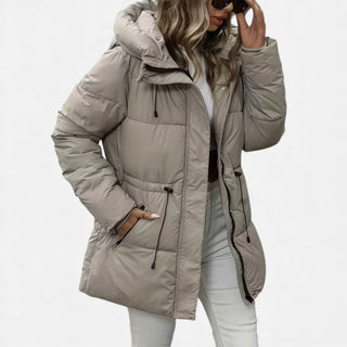 Daunenmantel Damen Lang Mit Kapuze in Beige