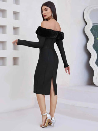 Elana – Elegantes Off - Shoulder Etuikleid mit Kunstpelzbesatz - Cecile LavelleSchwarz