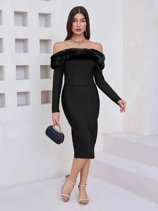 Elana – Elegantes Off - Shoulder Etuikleid mit Kunstpelzbesatz - Cecile LavelleSchwarz