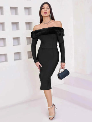 Elana – Elegantes Off - Shoulder Etuikleid mit Kunstpelzbesatz - Cecile LavelleSchwarz