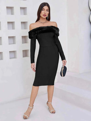 Elana – Elegantes Off - Shoulder Etuikleid mit Kunstpelzbesatz - Cecile LavelleSchwarz