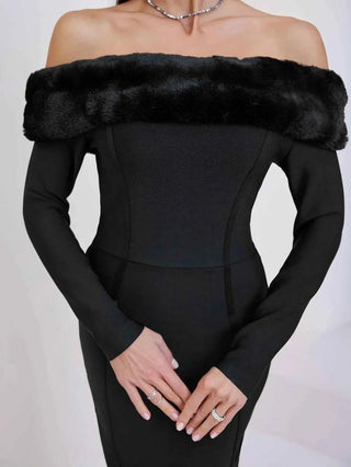 Elana – Elegantes Off - Shoulder Etuikleid mit Kunstpelzbesatz - Cecile LavelleSchwarz