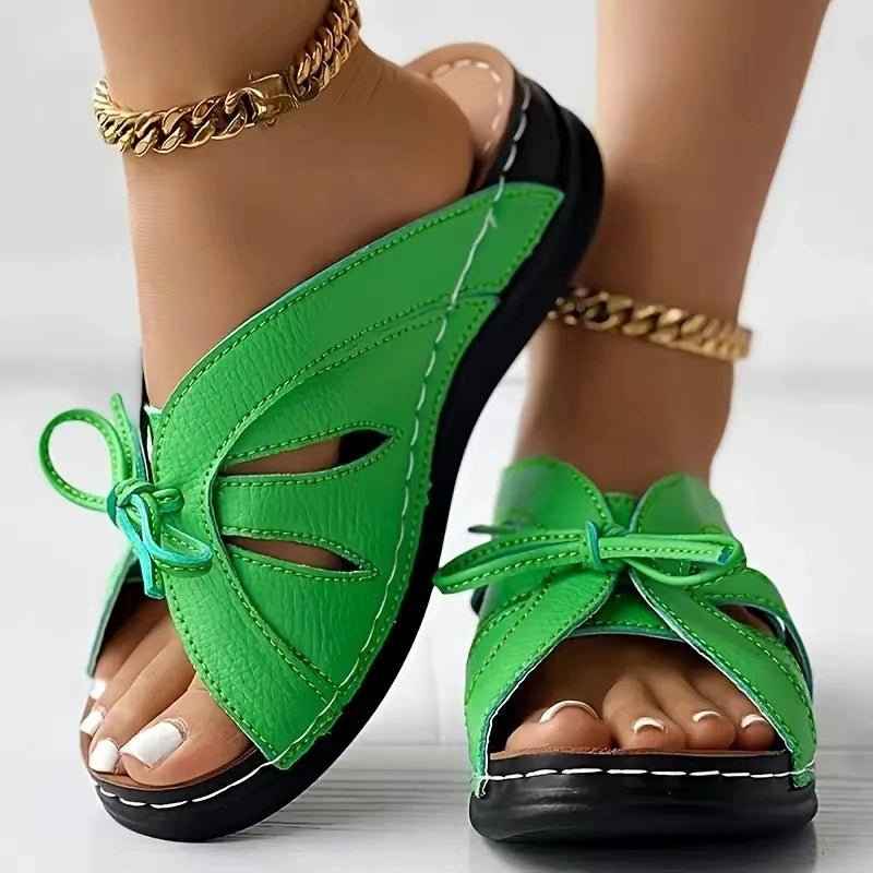 Elena – Open Slip-On Sandals with Bow Detail