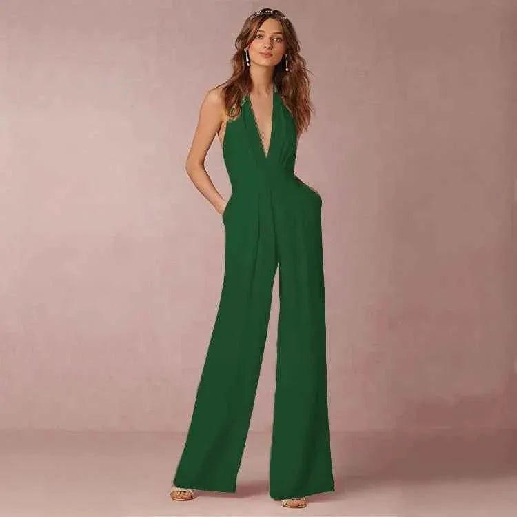 Élodie – Rückenfreier Halterneck Jumpsuit mit Faltenwurf & weitem Bein