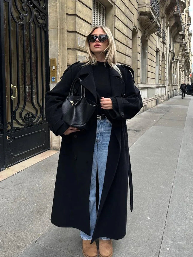 Colette – Langer Damen Trenchcoat in Schwarz mit Gürtel & Oversize-Look