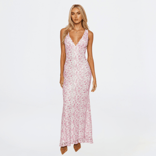 Figurbetontes Florales Maxi Kleid Mit V - Ausschnitt - Cecile LavelleRosa
