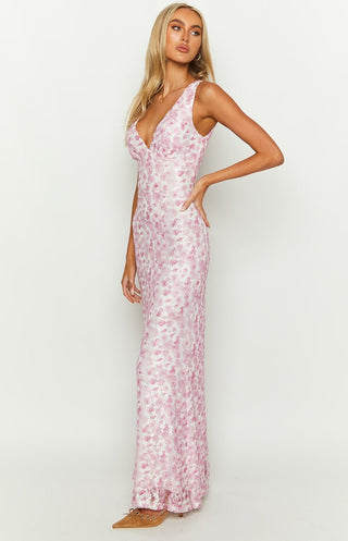 Figurbetontes Florales Maxi Kleid Mit V - Ausschnitt - Cecile LavelleRosa