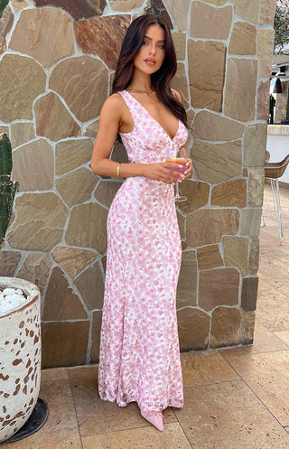 Figurbetontes Florales Maxi Kleid Mit V - Ausschnitt - Cecile LavelleRosa