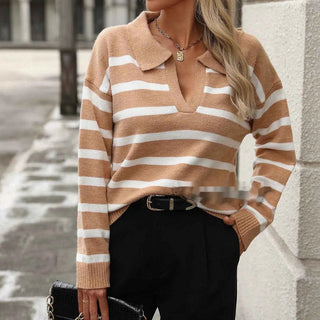 Gestreifter V - Ausschnitt Pullover Damen - Cecile LavelleKhaki