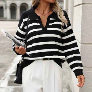 Gestreifter V - Ausschnitt Pullover Damen - Cecile LavelleSchwarz