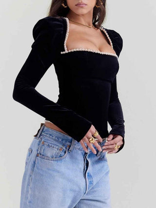 giselle – figurbetontes samt - top mit schnürkorsage und kontrastborte - Cecile LavelleSchwarz