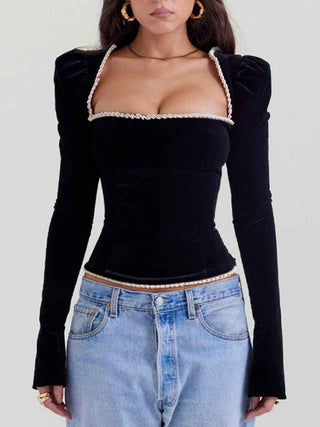 giselle – figurbetontes samt - top mit schnürkorsage und kontrastborte - Cecile LavelleSchwarz