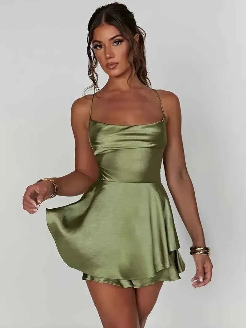 Giulia – Satin look mini dress with spaghetti straps and flounce skirt