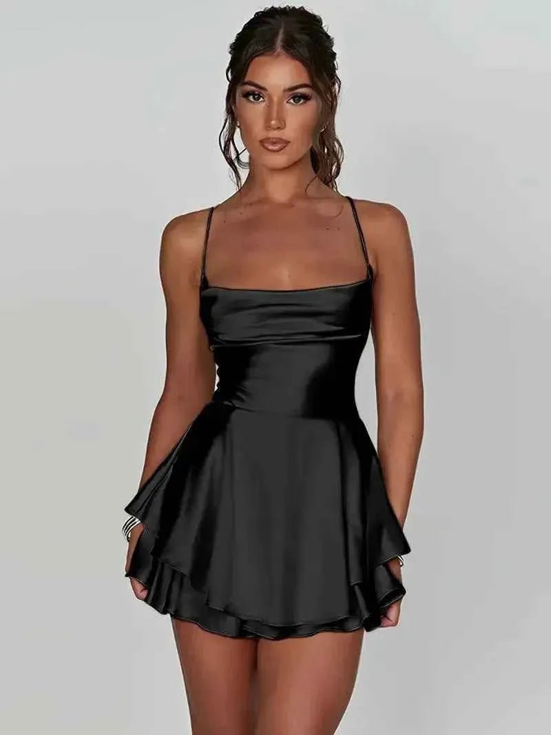 Giulia – Satin look mini dress with spaghetti straps and flounce skirt