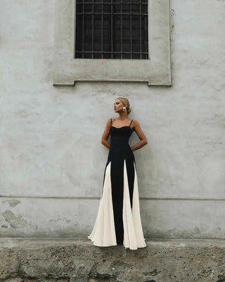 giulia – schwarz - weißes abendkleid mit chiffonrock & spaghetti - trägern - Cecile LavelleSchwarz - weiss