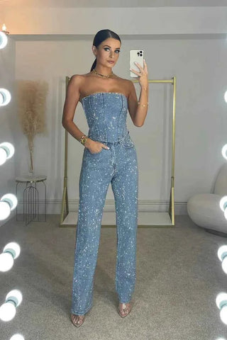 Glamour - Jumpsuit mit schimmernder Spitze - Cecile LavelleBlau