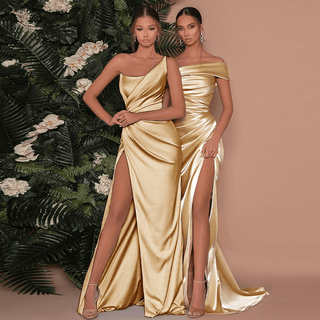 Glanz Maxikleid Schlitz Drapiert - Cecile LavelleGold