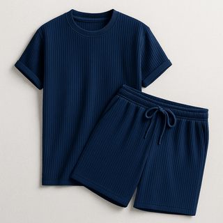 Herren Geripptes Set Mit Kurzarm Shirt Und Shorts - Cecile LavelleMarineblau