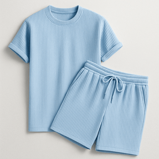 Herren Geripptes Set Mit Kurzarm Shirt Und Shorts - Cecile LavelleHellblau