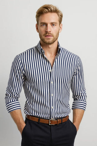 Herren Hemd Gestreift Langarm Elegant - Cecile LavelleMarineblau