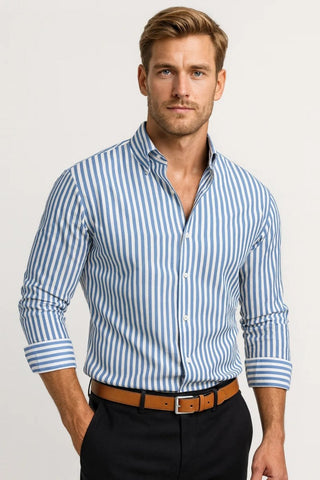 Herren Hemd Gestreift Langarm Elegant - Cecile LavelleBlau