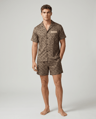 Herren Schlafanzug kurz gemustert mit Hemd und Shorts - Cecile LavelleChampagner Labyrinth