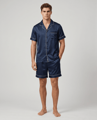 Herren Schlafanzug kurz gemustert mit Hemd und Shorts - Cecile LavelleDunkelblau