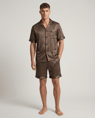 Herren Schlafanzug kurz gemustert mit Hemd und Shorts - Cecile LavelleChampagner Streifen