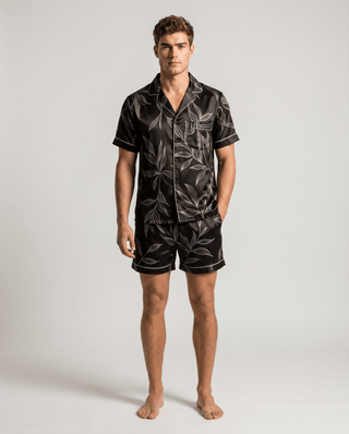 Herren Schlafanzug kurz gemustert mit Hemd und Shorts - Cecile LavelleSchwarzes Blatt