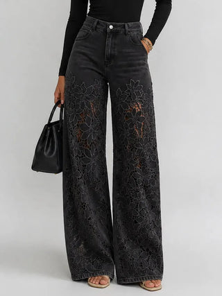 Hose Damen Wide-Leg mit Spitze in Schwarz