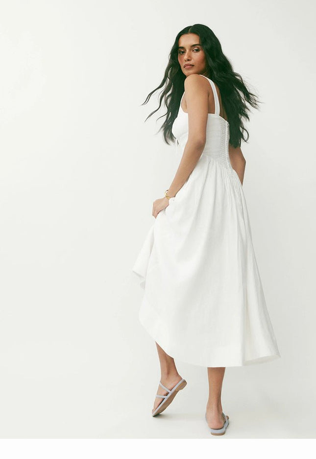Lorena – Ärmelloses Midikleid mit gerafftem Bustier und ausgestelltem Rock aus Leinenmischung
