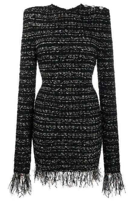 Alba – figurbetontes Bouclé-Minikleid mit Fransen und Metallic-Fäden
