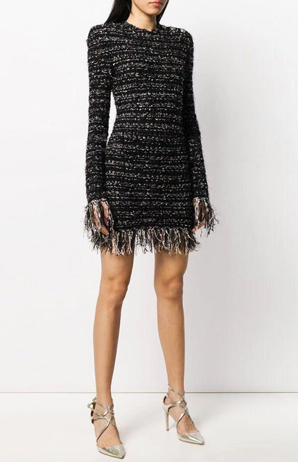 Alba – figurbetontes Bouclé-Minikleid mit Fransen und Metallic-Fäden