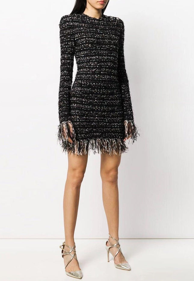 Alba – figurbetontes Bouclé-Minikleid mit Fransen und Metallic-Fäden