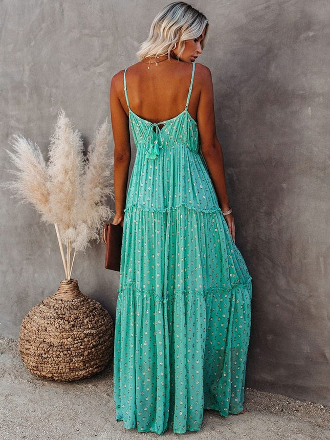 Lyra – Maxikleid mit Blumenmuster, Spaghettiträgern und Stufenrock